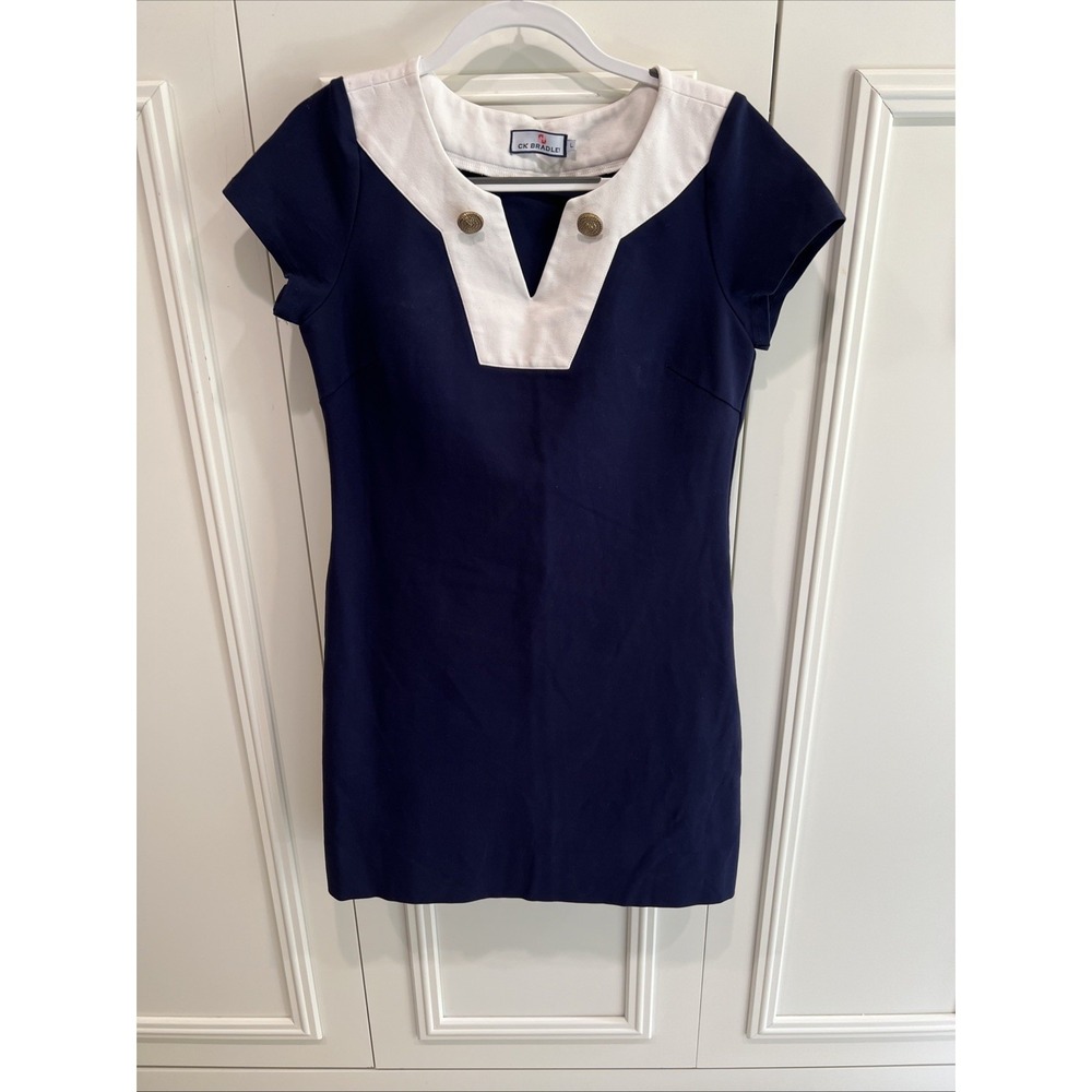 CK Bradley Nautical Preppy Sheath Dress Navy & White Cap‎ Sleeve Retro Designer